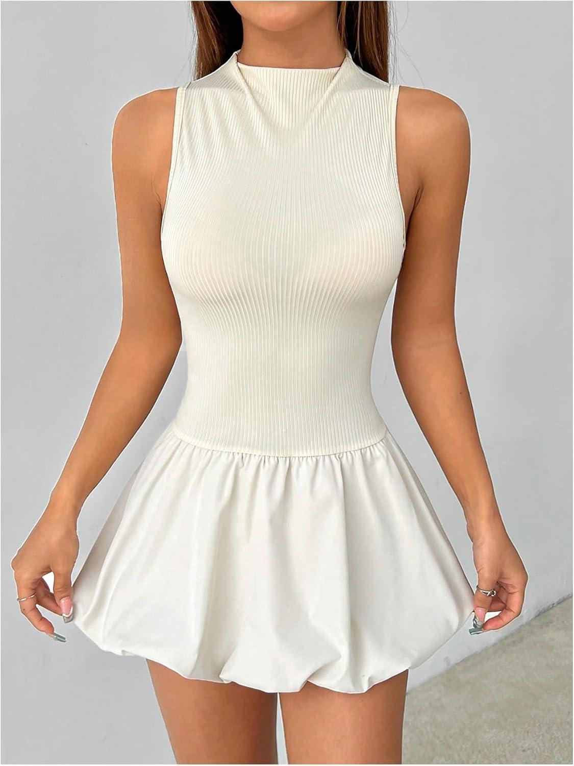 imageSHENHE Womens Open Back Bubble Dress Mock Neck Backless Y2k Puffy Mini Tank Dress Apricot PetiteS