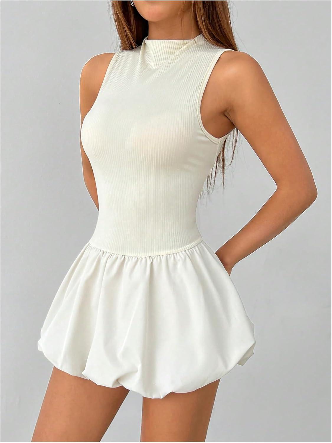 imageSHENHE Womens Open Back Bubble Dress Mock Neck Backless Y2k Puffy Mini Tank Dress Apricot PetiteS