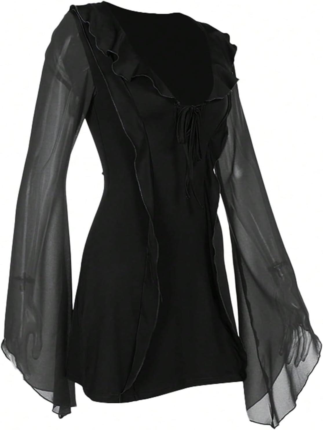 imageSHENHE Womens Ruffle Trim Deep V Neck Tie Front Mesh Long Sleeve Fit and Flare Mini DressBlack