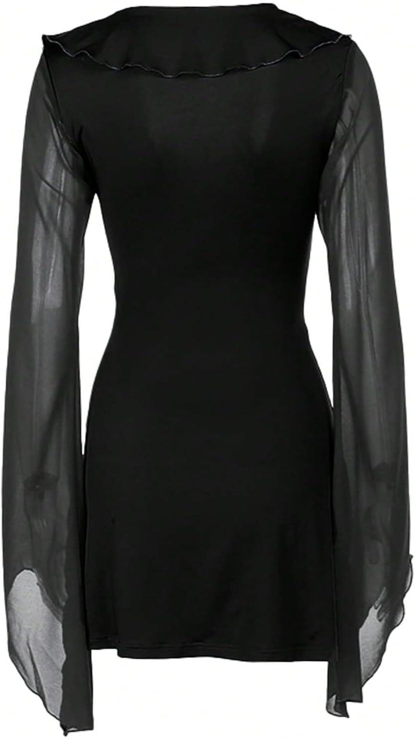 imageSHENHE Womens Ruffle Trim Deep V Neck Tie Front Mesh Long Sleeve Fit and Flare Mini DressBlack