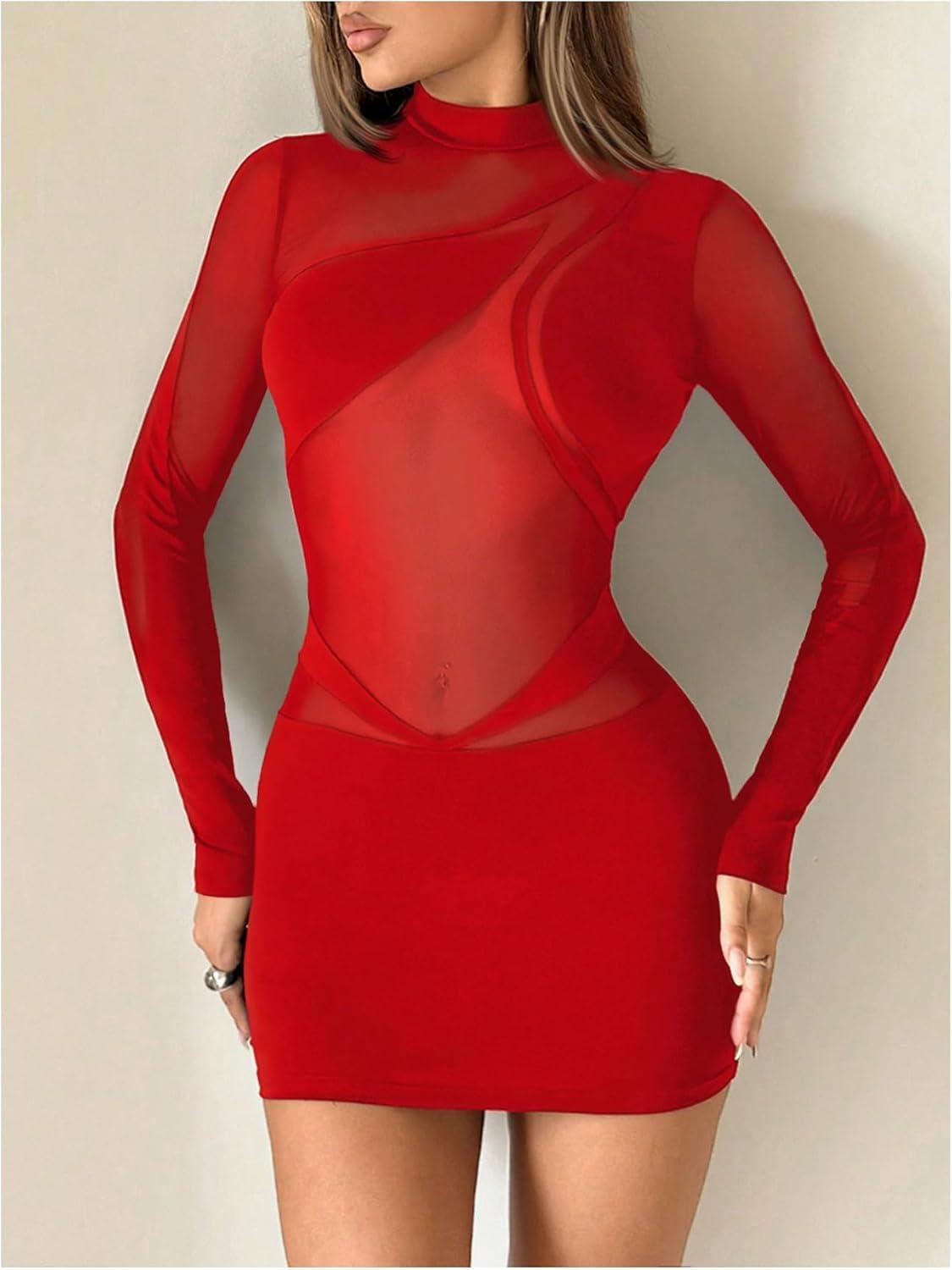 imageSHENHE Womens Sheer Mesh Sexy Dress Long Sleeve Mock Neck Bodycon Party Night Mini DressRed