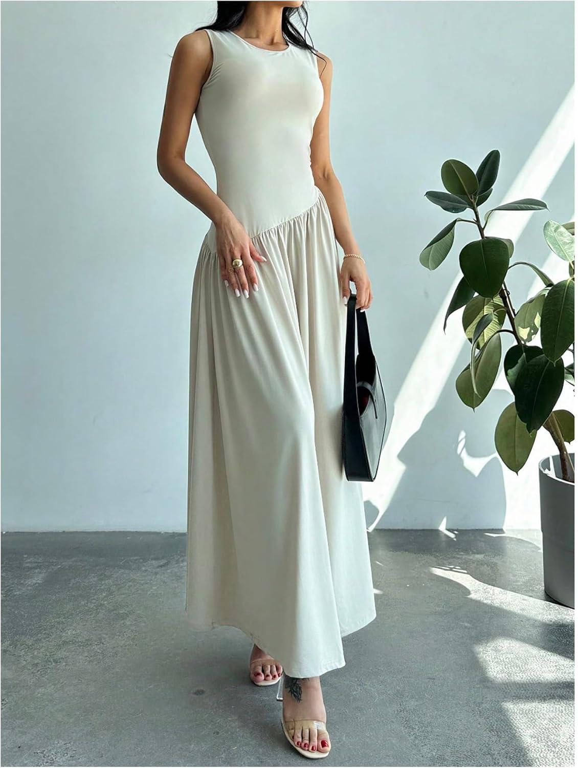 imageSHENHE Womens Sleeveless Drop Waist Ruched Maxi Dress Elegant A Line Flowy Asymmetrical Long Tank DressApricot