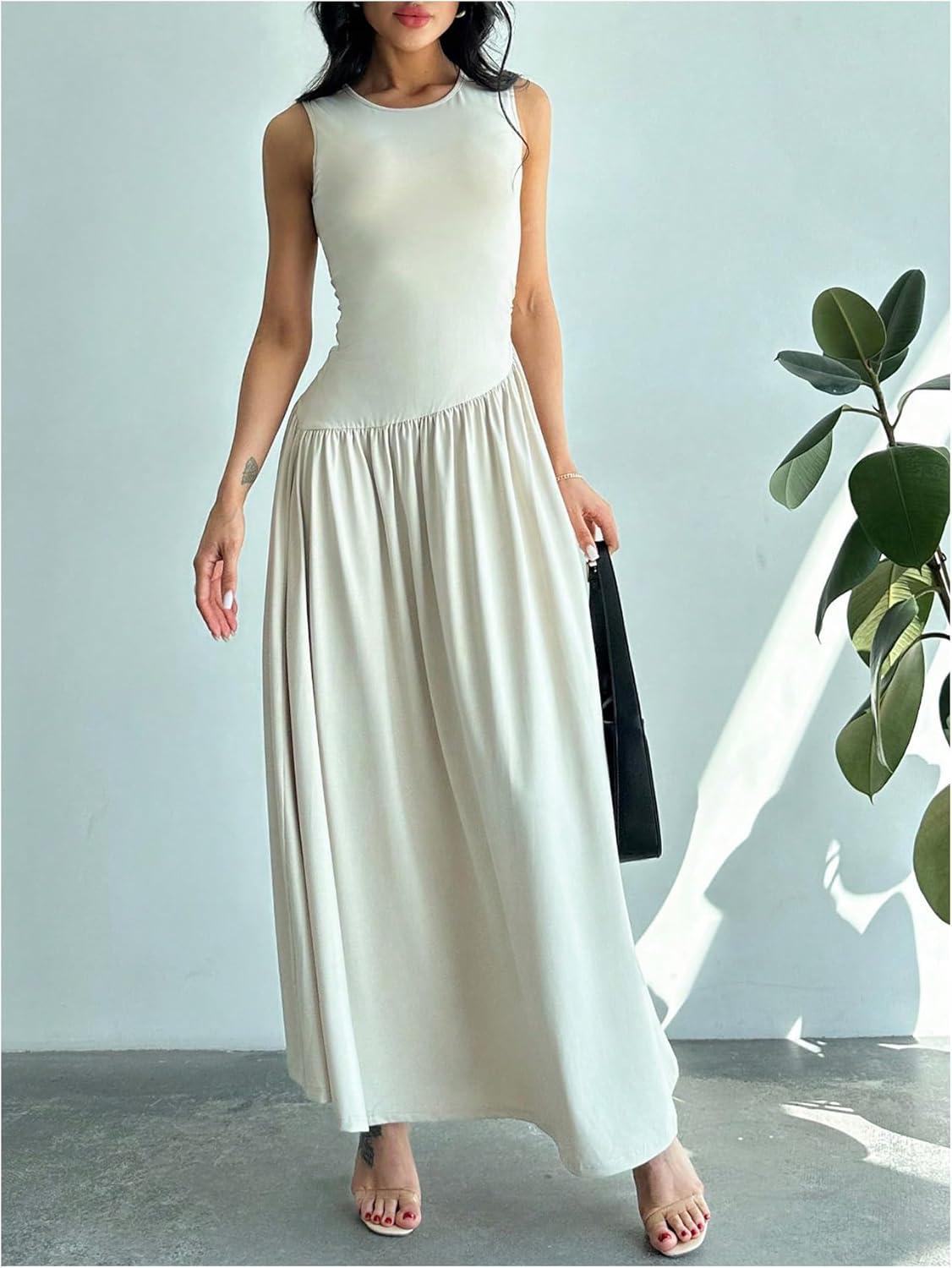imageSHENHE Womens Sleeveless Drop Waist Ruched Maxi Dress Elegant A Line Flowy Asymmetrical Long Tank DressApricot