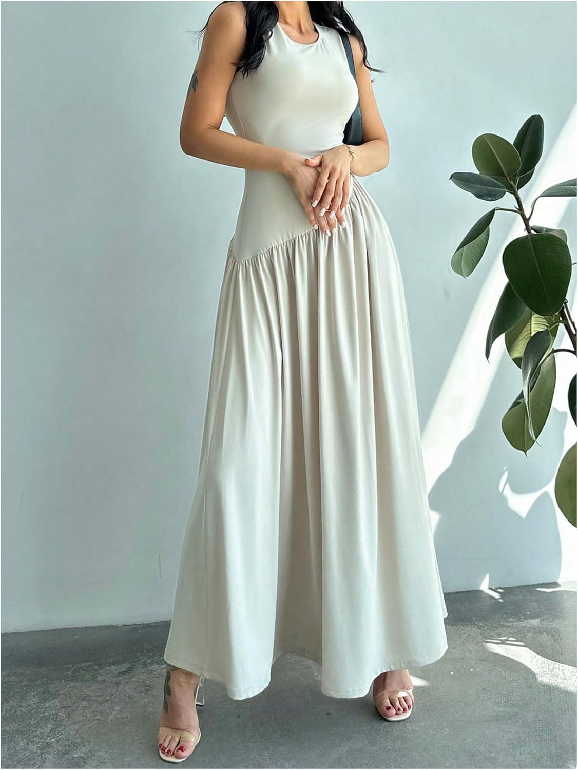 imageSHENHE Womens Sleeveless Drop Waist Ruched Maxi Dress Elegant A Line Flowy Asymmetrical Long Tank DressApricot