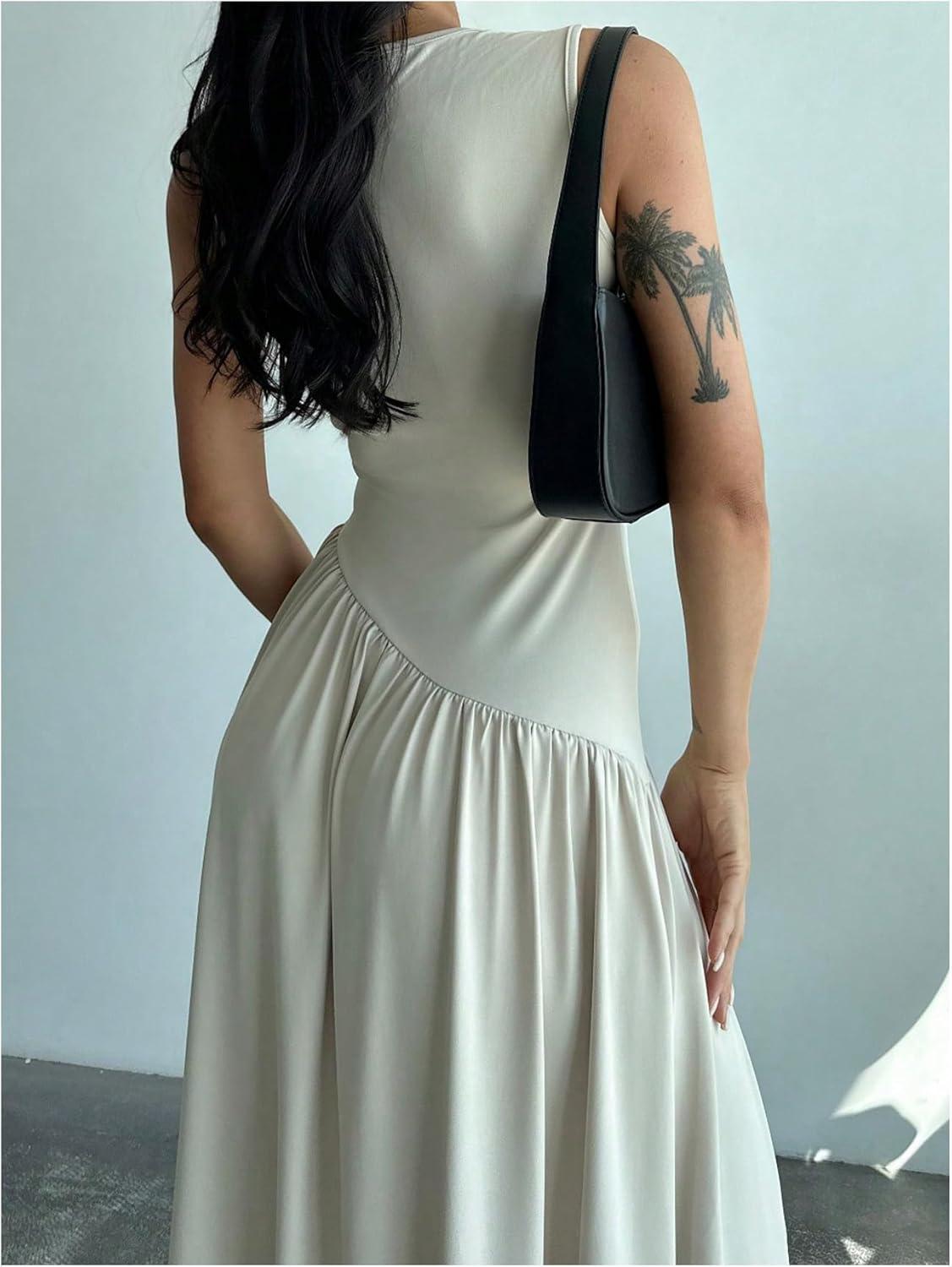 imageSHENHE Womens Sleeveless Drop Waist Ruched Maxi Dress Elegant A Line Flowy Asymmetrical Long Tank DressApricot