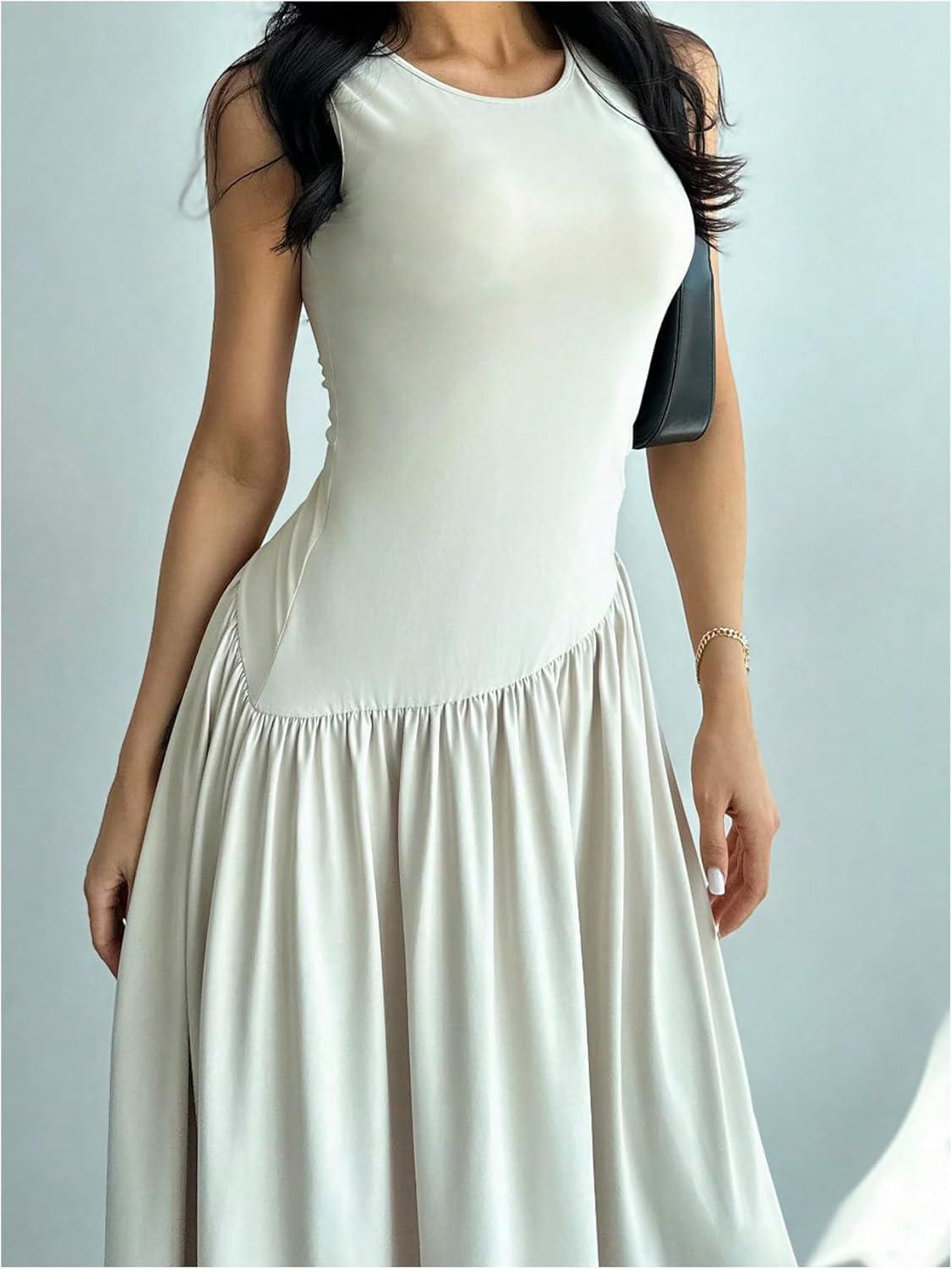 imageSHENHE Womens Sleeveless Drop Waist Ruched Maxi Dress Elegant A Line Flowy Asymmetrical Long Tank DressApricot
