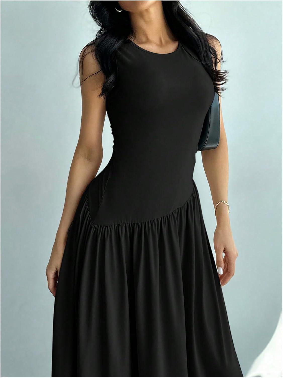 imageSHENHE Womens Sleeveless Drop Waist Ruched Maxi Dress Elegant A Line Flowy Asymmetrical Long Tank DressBlack