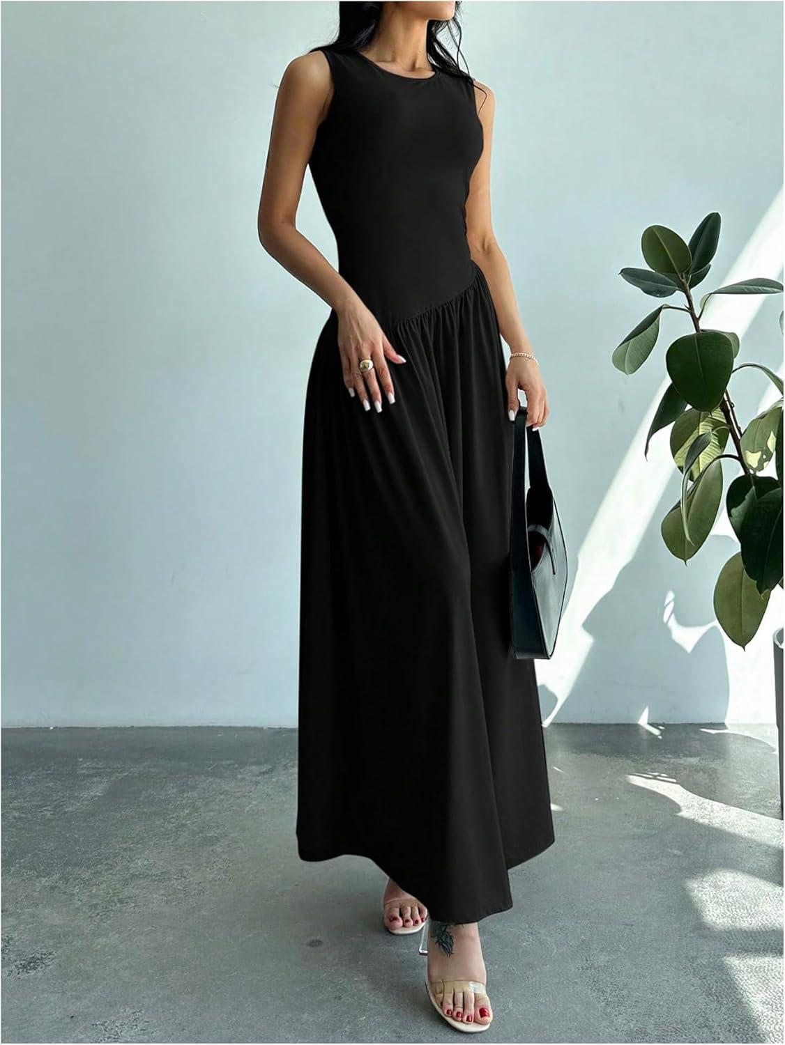 imageSHENHE Womens Sleeveless Drop Waist Ruched Maxi Dress Elegant A Line Flowy Asymmetrical Long Tank DressBlack