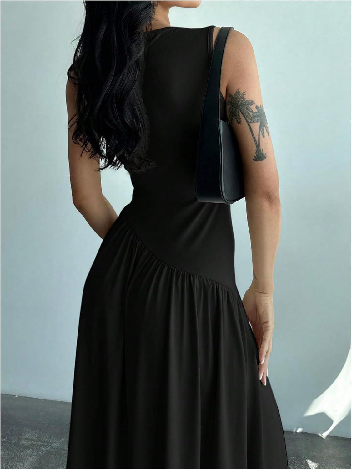 imageSHENHE Womens Sleeveless Drop Waist Ruched Maxi Dress Elegant A Line Flowy Asymmetrical Long Tank DressBlack