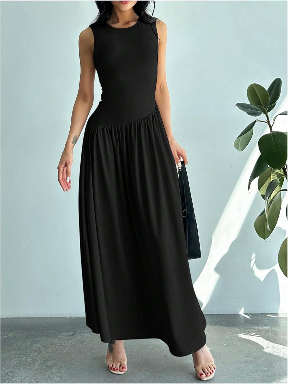 imageSHENHE Womens Sleeveless Drop Waist Ruched Maxi Dress Elegant A Line Flowy Asymmetrical Long Tank DressBlack