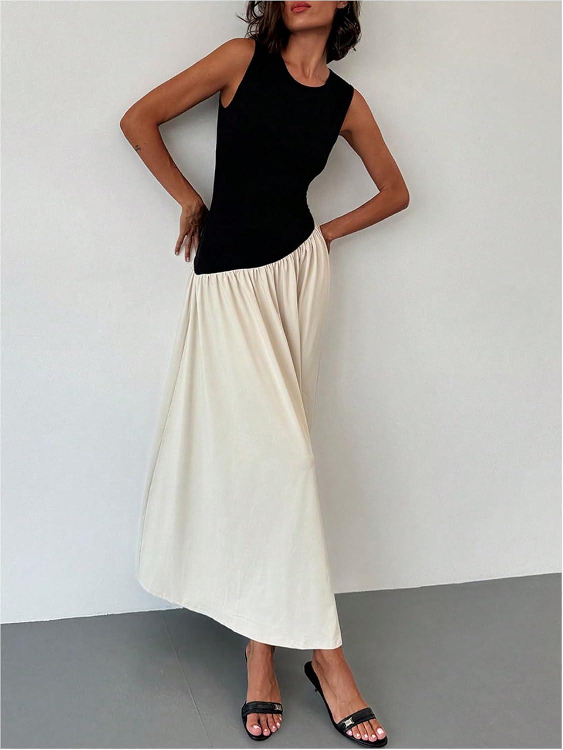 imageSHENHE Womens Sleeveless Drop Waist Ruched Maxi Dress Elegant A Line Flowy Asymmetrical Long Tank DressBlack and Apricot