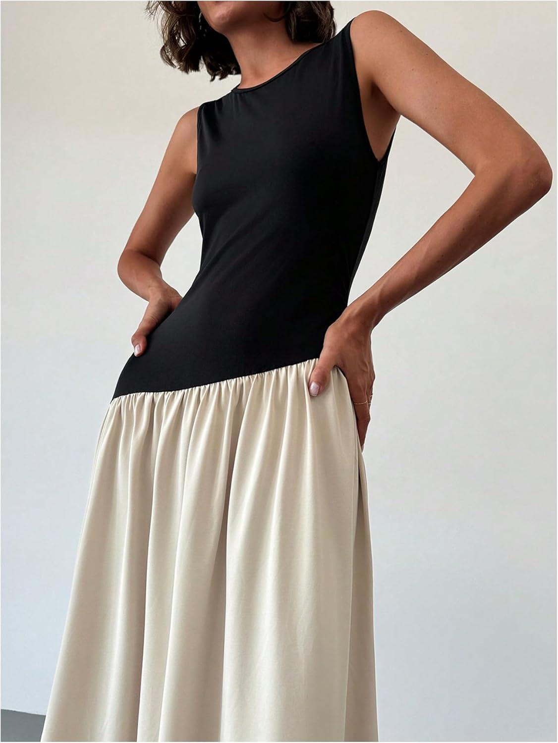 imageSHENHE Womens Sleeveless Drop Waist Ruched Maxi Dress Elegant A Line Flowy Asymmetrical Long Tank DressBlack and Apricot