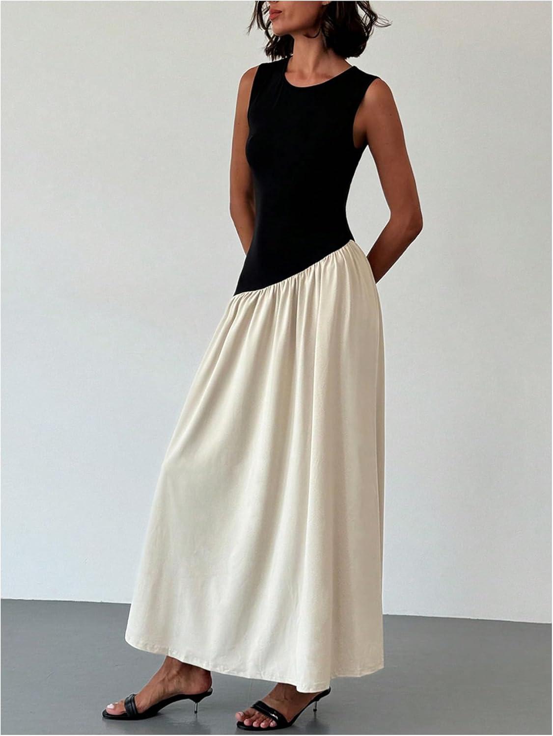 imageSHENHE Womens Sleeveless Drop Waist Ruched Maxi Dress Elegant A Line Flowy Asymmetrical Long Tank DressBlack and Apricot