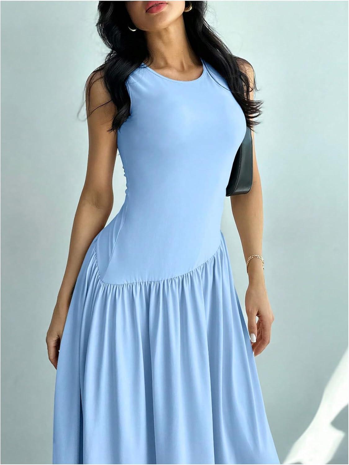 imageSHENHE Womens Sleeveless Drop Waist Ruched Maxi Dress Elegant A Line Flowy Asymmetrical Long Tank DressBlue