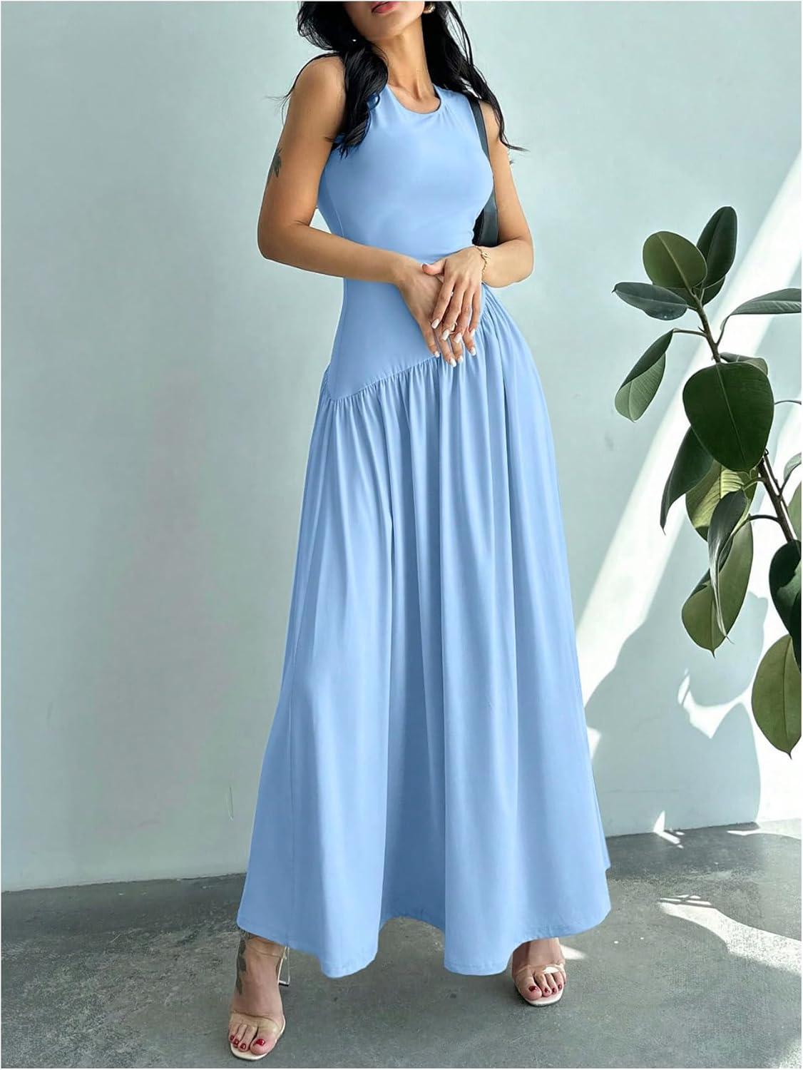 imageSHENHE Womens Sleeveless Drop Waist Ruched Maxi Dress Elegant A Line Flowy Asymmetrical Long Tank DressBlue