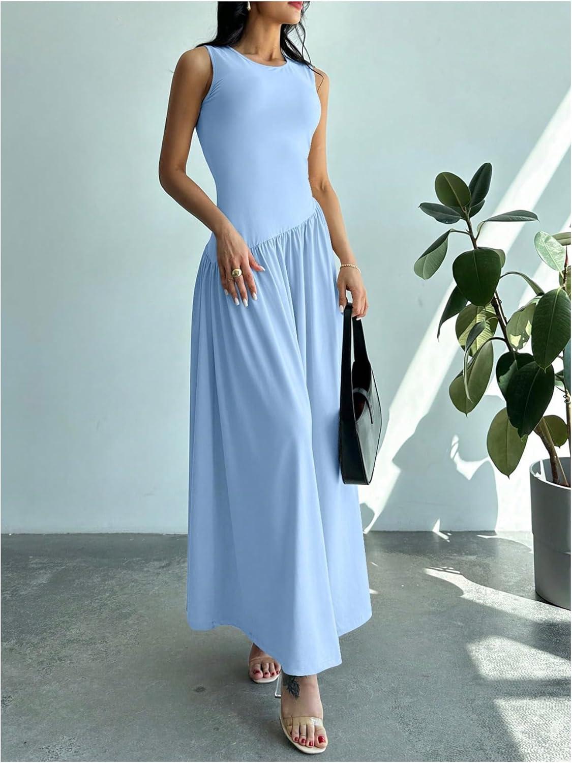imageSHENHE Womens Sleeveless Drop Waist Ruched Maxi Dress Elegant A Line Flowy Asymmetrical Long Tank DressBlue