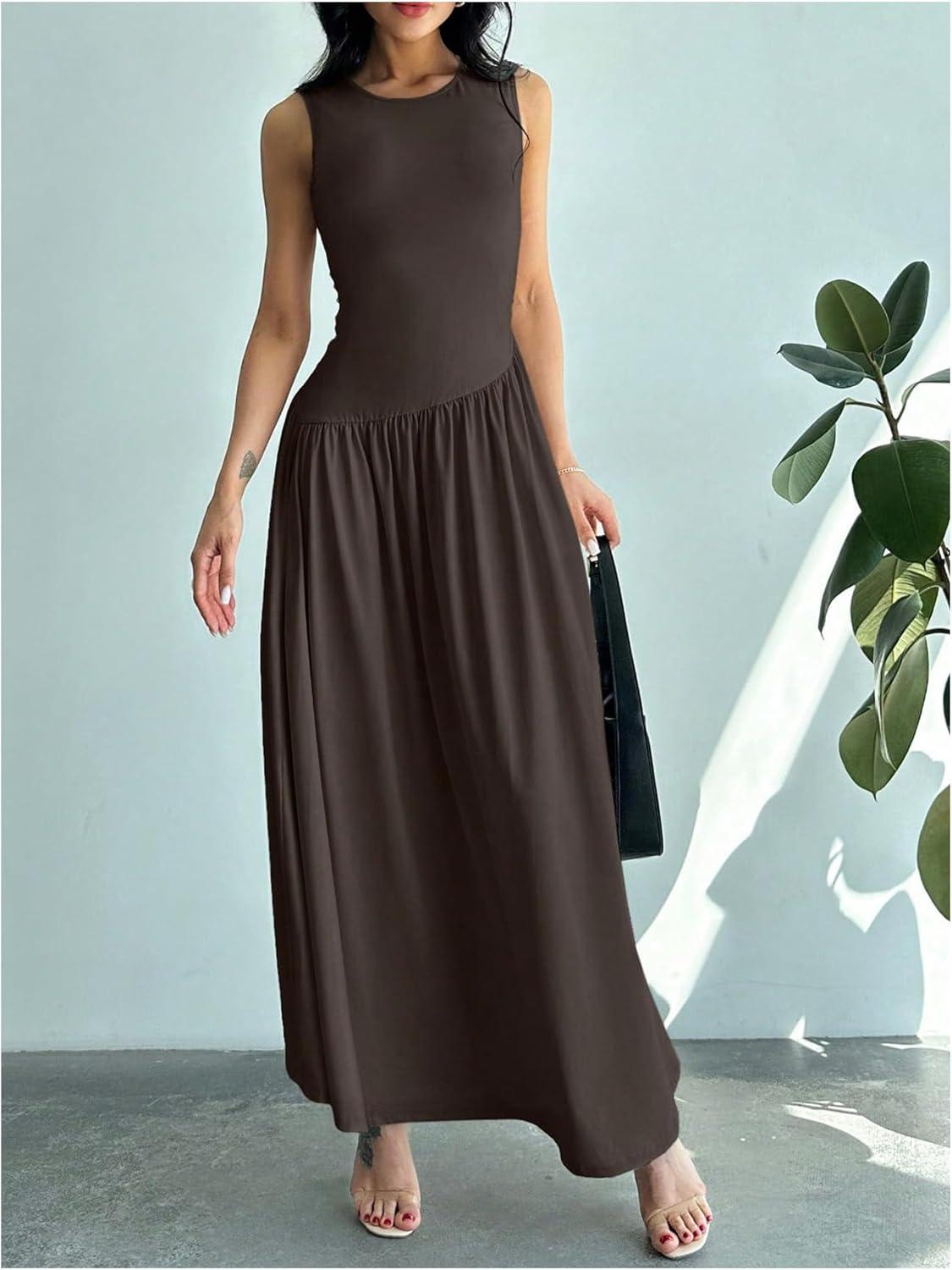 imageSHENHE Womens Sleeveless Drop Waist Ruched Maxi Dress Elegant A Line Flowy Asymmetrical Long Tank DressCoffee Brown