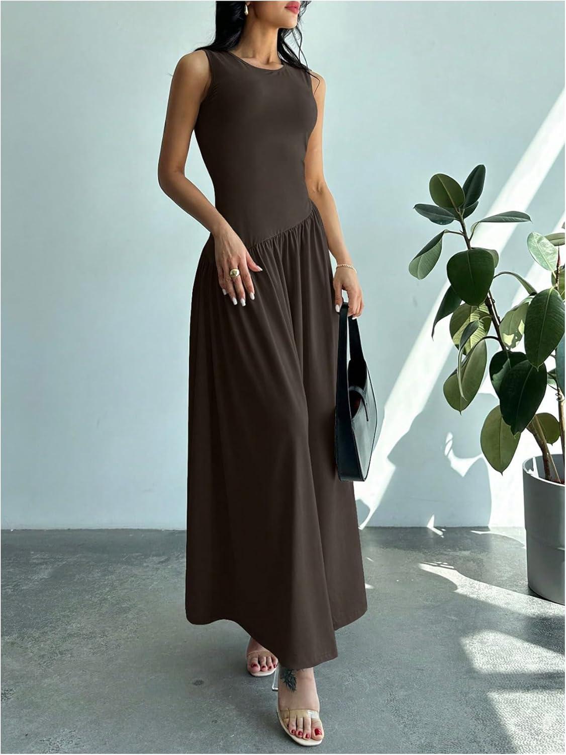 imageSHENHE Womens Sleeveless Drop Waist Ruched Maxi Dress Elegant A Line Flowy Asymmetrical Long Tank DressCoffee Brown
