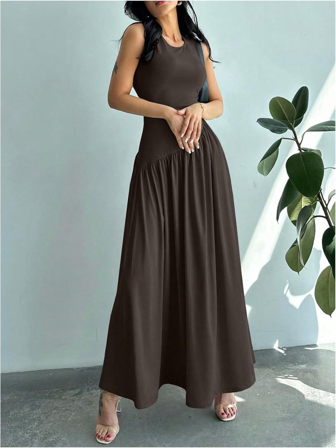 imageSHENHE Womens Sleeveless Drop Waist Ruched Maxi Dress Elegant A Line Flowy Asymmetrical Long Tank DressCoffee Brown