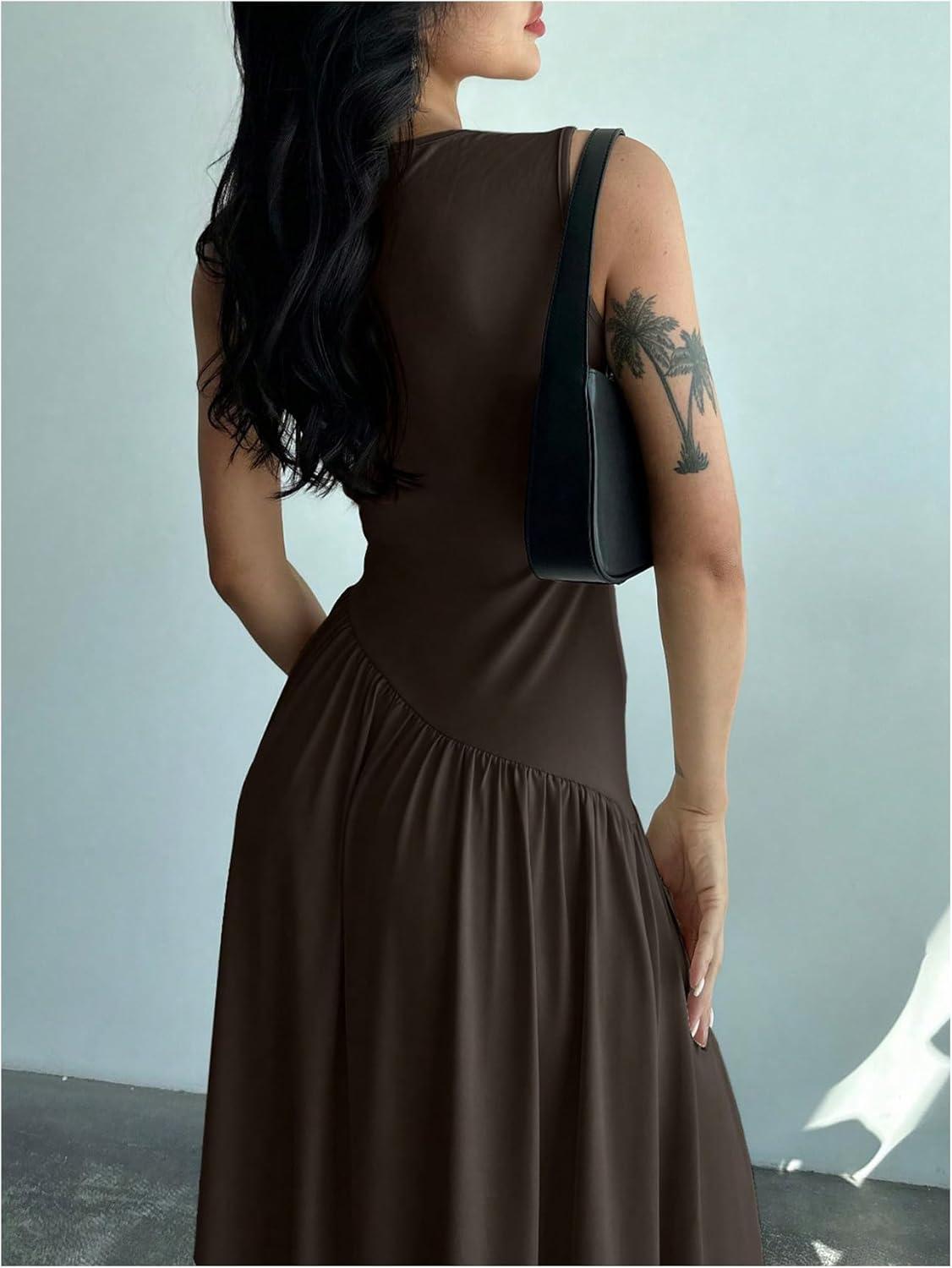 imageSHENHE Womens Sleeveless Drop Waist Ruched Maxi Dress Elegant A Line Flowy Asymmetrical Long Tank DressCoffee Brown