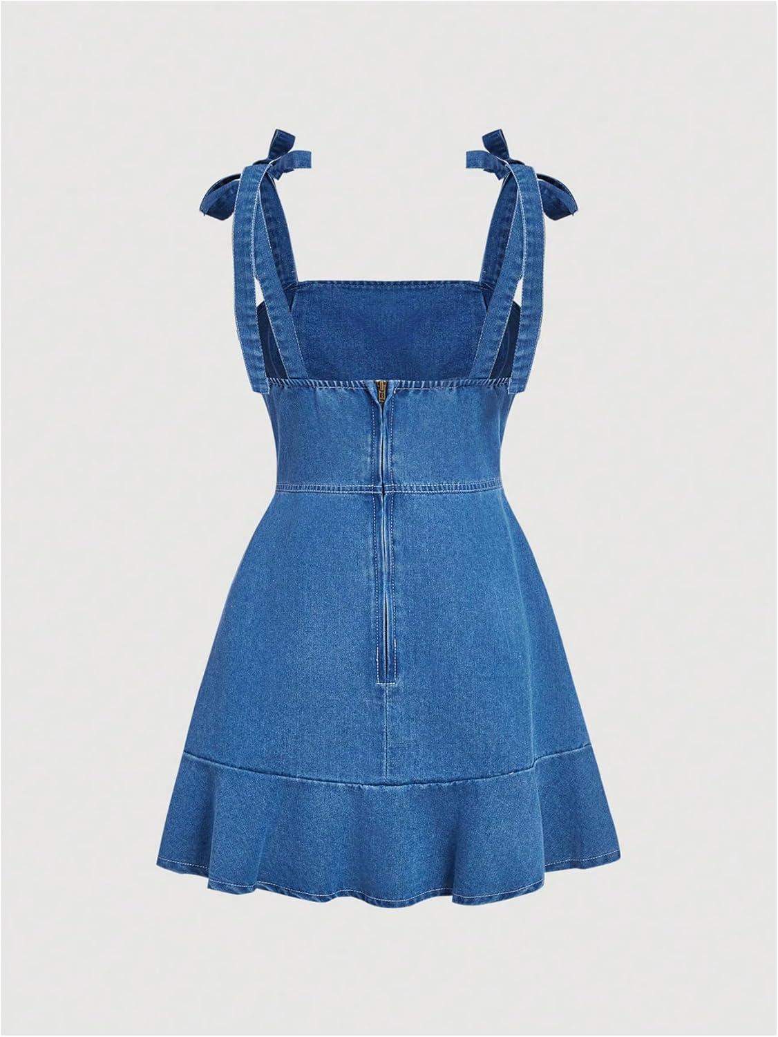 imageSHENHE Womens Tie Shoulder Sleeveless Denim Mini Dress Layered Ruffle Hem Jean DressBlue