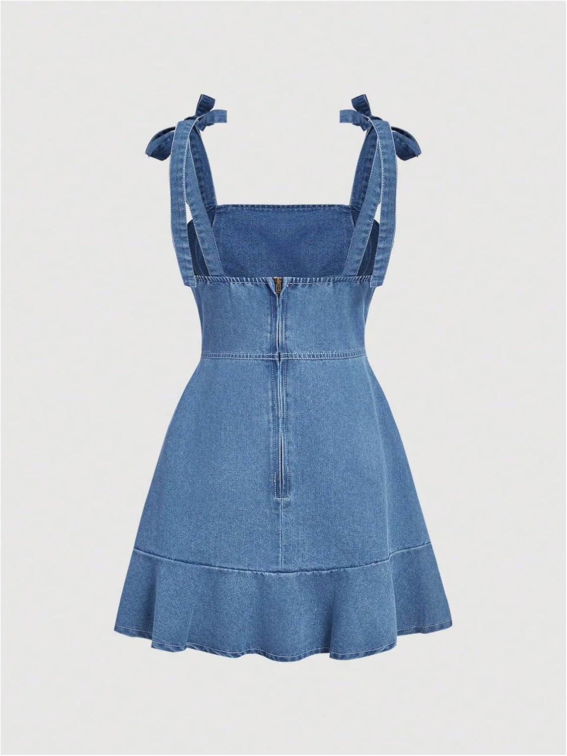 imageSHENHE Womens Tie Shoulder Sleeveless Denim Mini Dress Layered Ruffle Hem Jean DressLight Wash