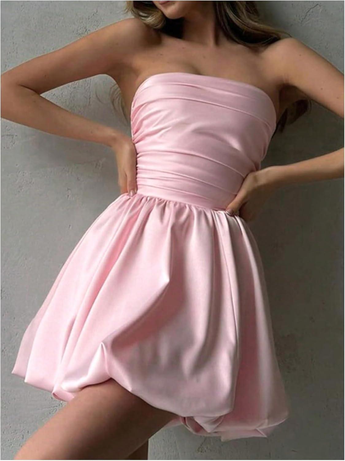 imageSHENHE Womens Y2k Strapless Bubble Dress Smocked Puffy Summer Tube Dress SundressesPink