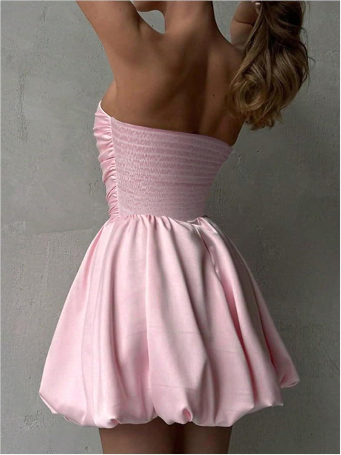 imageSHENHE Womens Y2k Strapless Bubble Dress Smocked Puffy Summer Tube Dress SundressesPink