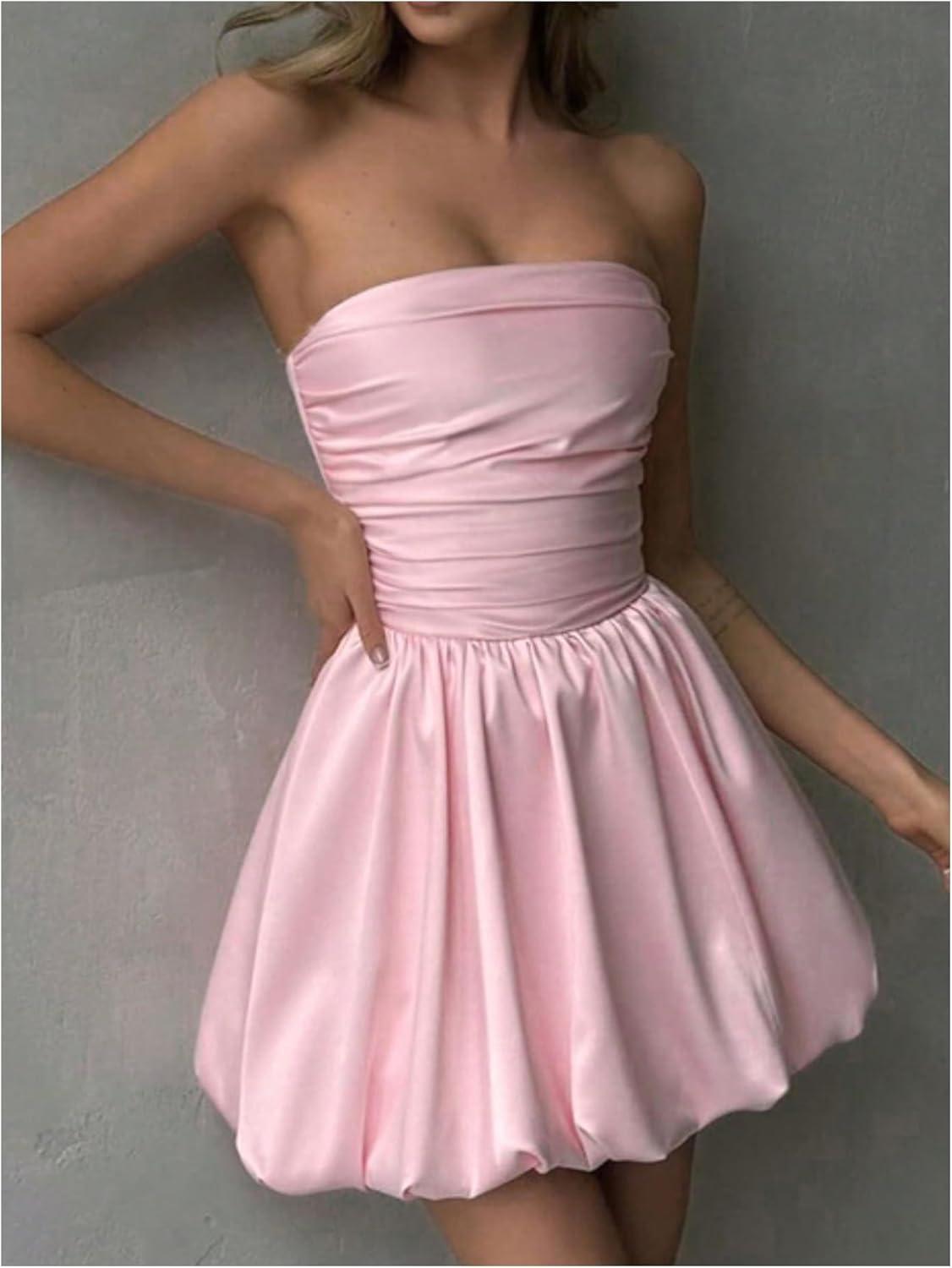 imageSHENHE Womens Y2k Strapless Bubble Dress Smocked Puffy Summer Tube Dress SundressesPink