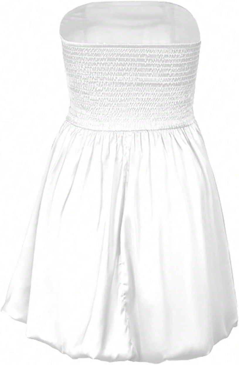 imageSHENHE Womens Y2k Strapless Bubble Dress Smocked Puffy Summer Tube Dress SundressesWhite
