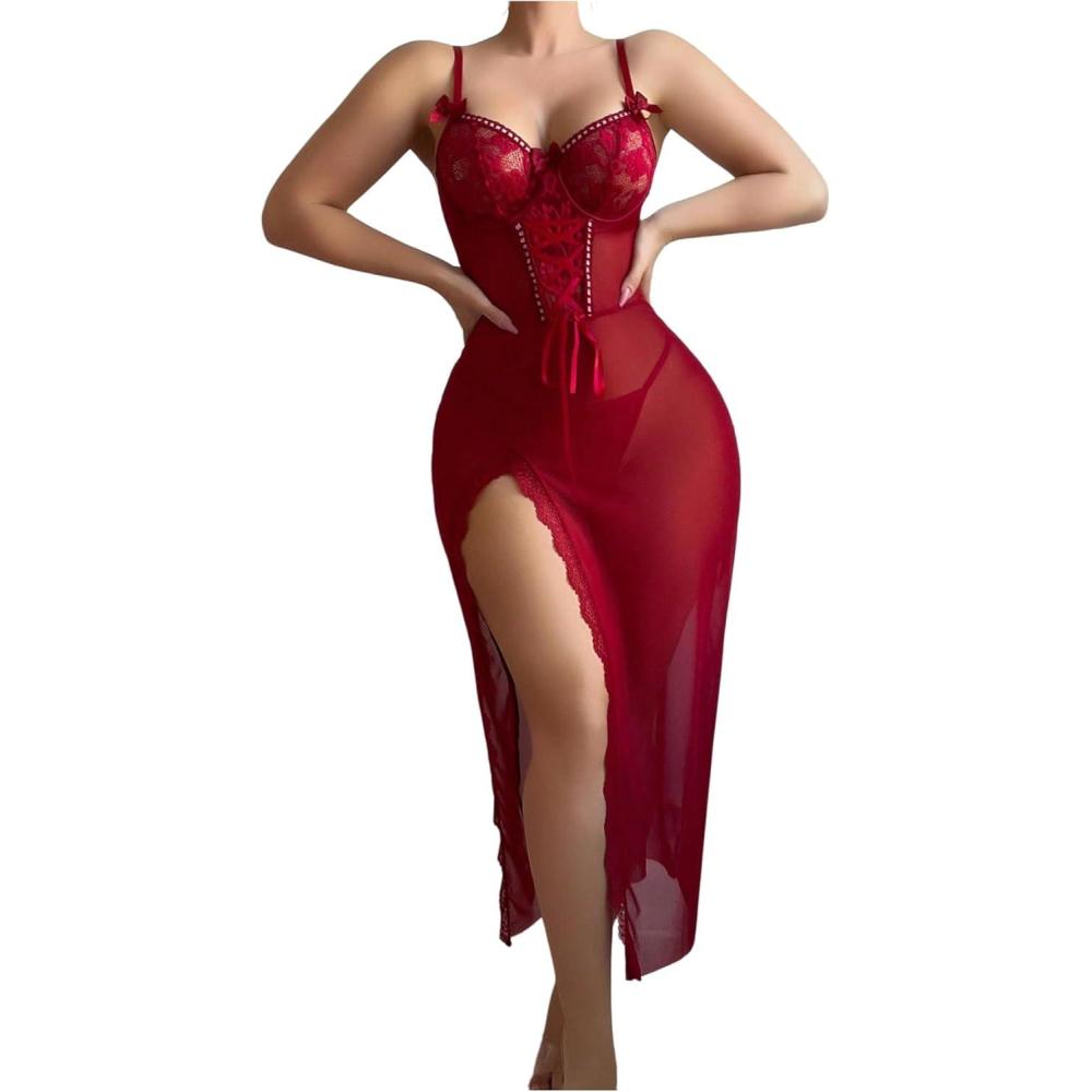 imageSHENHE Womens Lace Babydoll Lingerie Mesh Slip Dress High Slit Sheer Long Nightgown ChemiseBurgundy