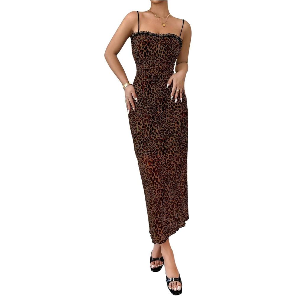 imageSHENHE Womens Lace Trim Spaghetti Strap Bodycon Slip Dress Sexy Maxi Party Cami DressBrown Leopard Print