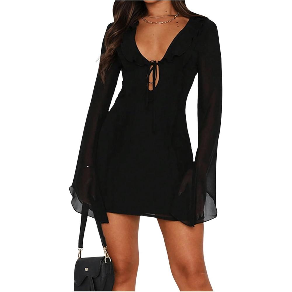 imageSHENHE Womens Ruffle Trim Deep V Neck Tie Front Mesh Long Sleeve Fit and Flare Mini DressBlack