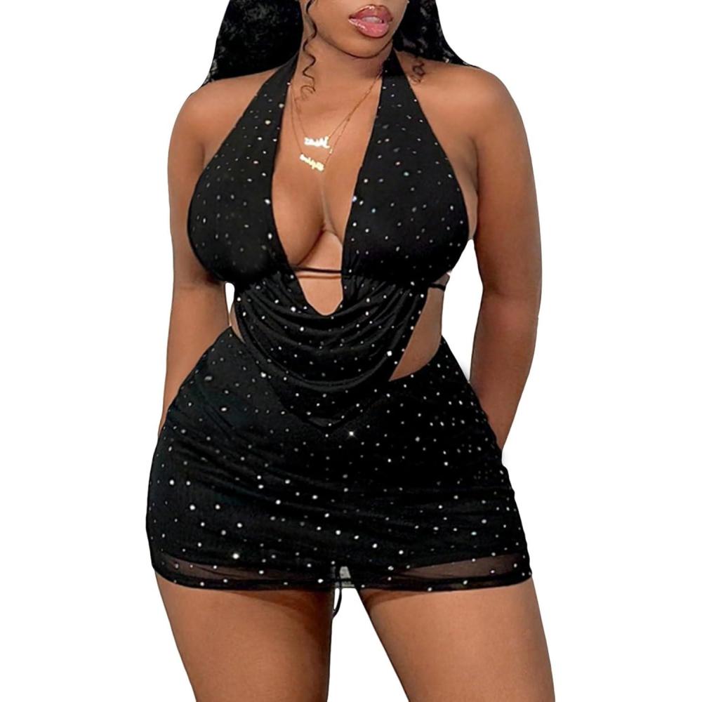 imageSHENHE Womens Sexy 2 Piece Outfits Mesh Long Sleeve Sheer Halter Bodysuit and Mini Skirt SetBlack