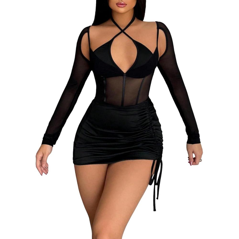 imageSHENHE Womens Sexy 2 Piece Outfits Mesh Long Sleeve Sheer Halter Bodysuit and Mini Skirt SetLight Black