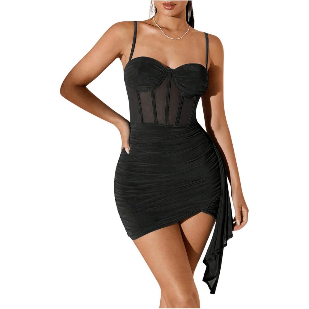 imageSHENHE Womens Sexy Mesh Bustier Corset Top Ruched Bodycon Draped Party Night Mini DressBlack