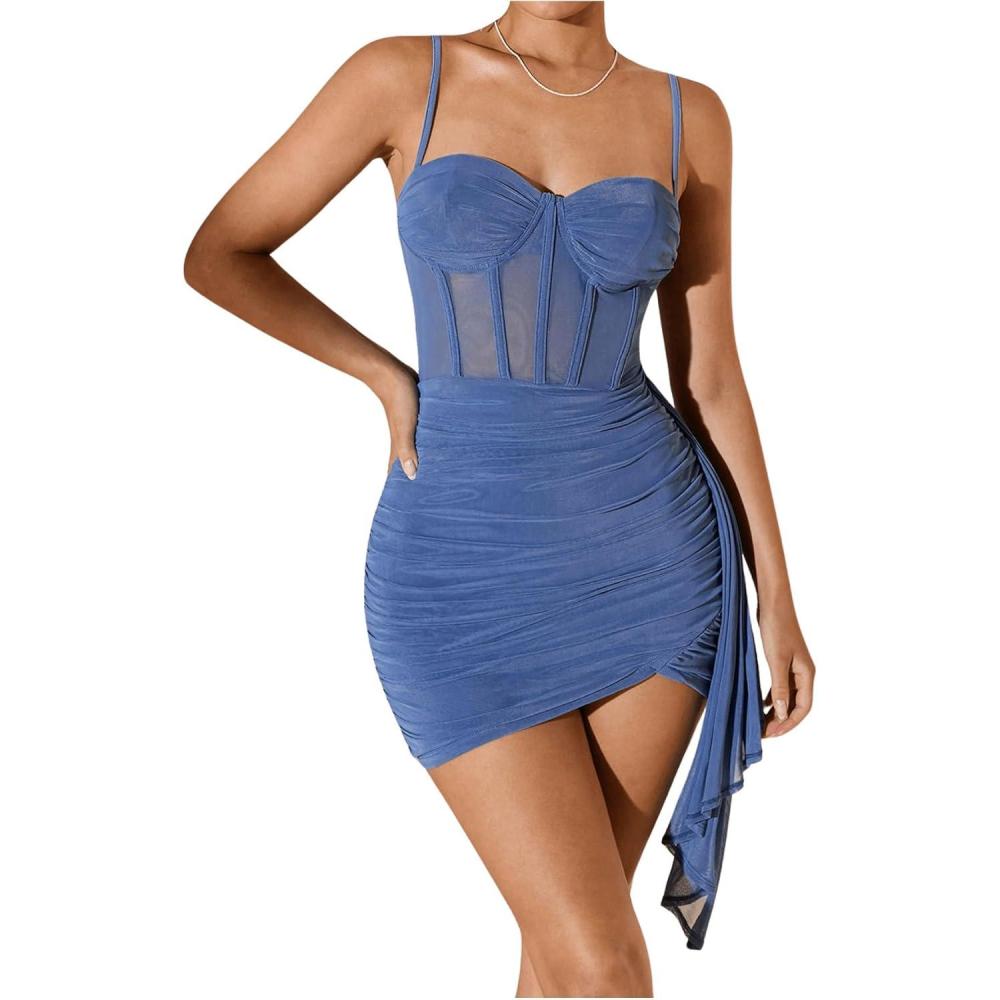 imageSHENHE Womens Sexy Mesh Bustier Corset Top Ruched Bodycon Draped Party Night Mini DressDusty Blue