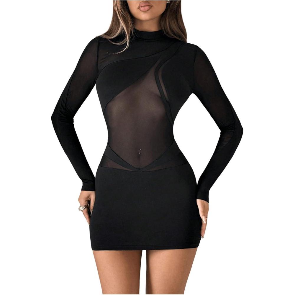 imageSHENHE Womens Sheer Mesh Sexy Dress Long Sleeve Mock Neck Bodycon Party Night Mini DressBlack