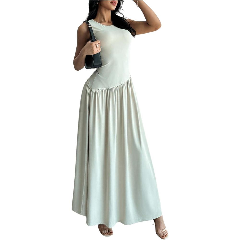 imageSHENHE Womens Sleeveless Drop Waist Ruched Maxi Dress Elegant A Line Flowy Asymmetrical Long Tank DressApricot
