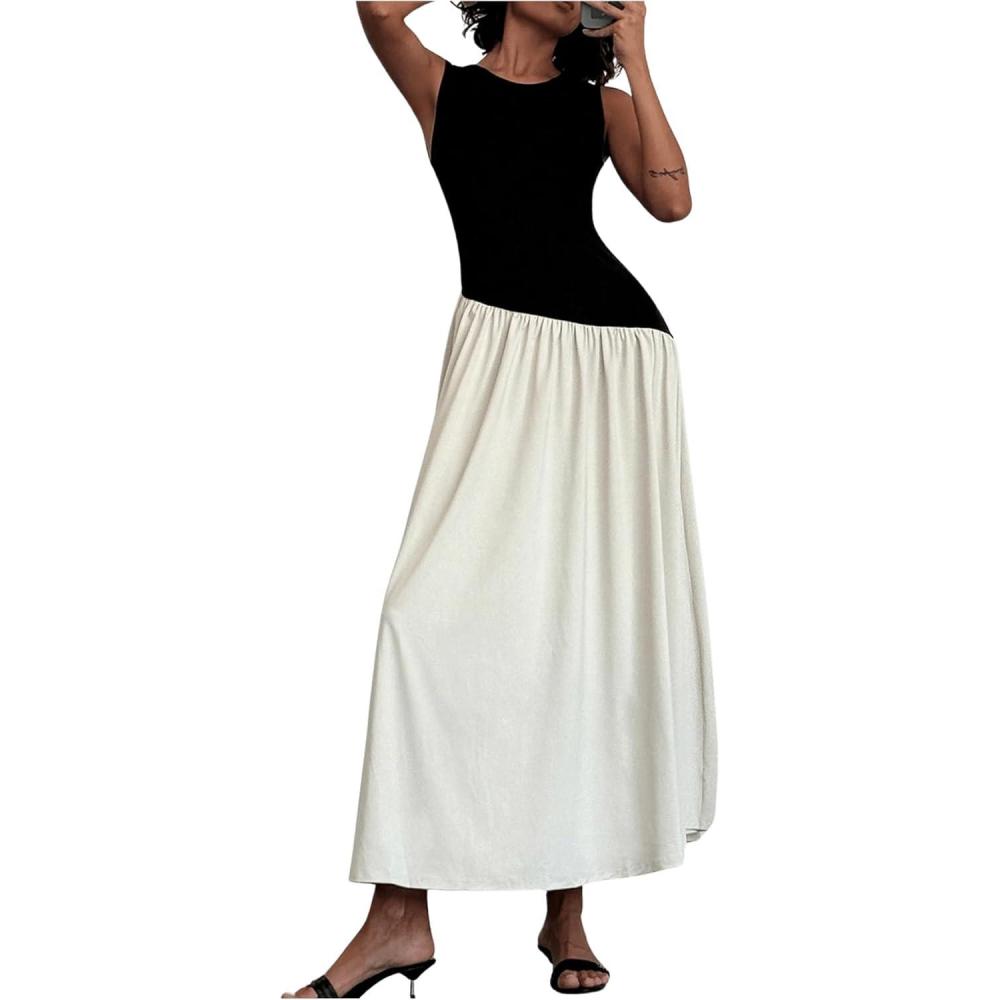 imageSHENHE Womens Sleeveless Drop Waist Ruched Maxi Dress Elegant A Line Flowy Asymmetrical Long Tank DressBlack and Apricot