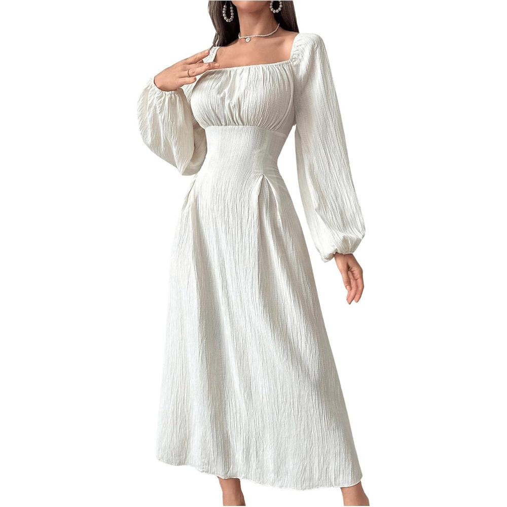 imageSHENHE Womens Square Neck Lantern Sleeve Lace Up Renaissance Dress A Line Flowy Long Dress Apricot Small