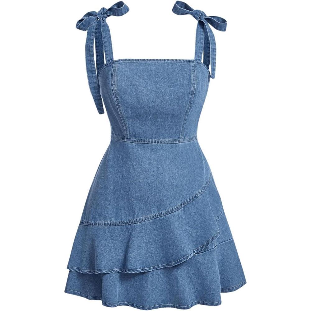 imageSHENHE Womens Tie Shoulder Sleeveless Denim Mini Dress Layered Ruffle Hem Jean DressLight Wash
