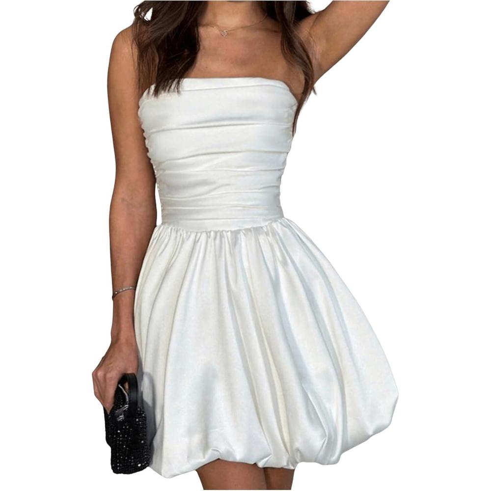 imageSHENHE Womens Y2k Strapless Bubble Dress Smocked Puffy Summer Tube Dress SundressesWhite