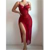 imageSHENHE Womens Lace Babydoll Lingerie Mesh Slip Dress High Slit Sheer Long Nightgown ChemiseBurgundy