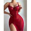 imageSHENHE Womens Lace Babydoll Lingerie Mesh Slip Dress High Slit Sheer Long Nightgown ChemiseBurgundy