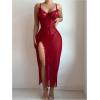 imageSHENHE Womens Lace Babydoll Lingerie Mesh Slip Dress High Slit Sheer Long Nightgown ChemiseBurgundy