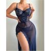 imageSHENHE Womens Lace Babydoll Lingerie Mesh Slip Dress High Slit Sheer Long Nightgown ChemiseDark Blue