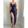 imageSHENHE Womens Lace Babydoll Lingerie Mesh Slip Dress High Slit Sheer Long Nightgown ChemiseDark Blue