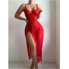 imageSHENHE Womens Lace Babydoll Lingerie Mesh Slip Dress High Slit Sheer Long Nightgown ChemiseRed