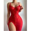 imageSHENHE Womens Lace Babydoll Lingerie Mesh Slip Dress High Slit Sheer Long Nightgown ChemiseRed